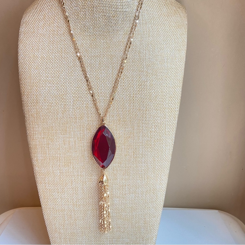 Style & Co red pendant tassel sautoir necklace on long goldtone double chains